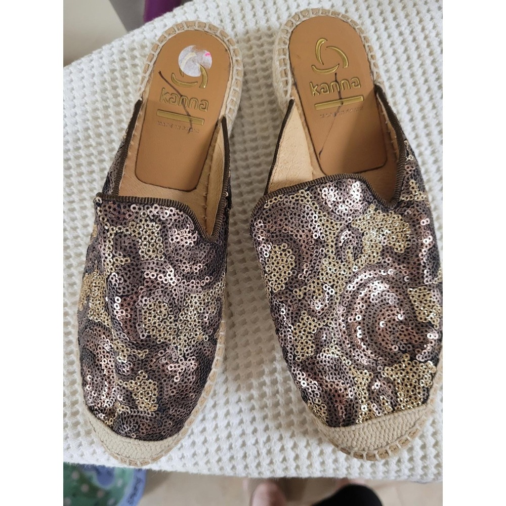 Kanna Spain‎ Sequined Leopard Espadrille Mules Bronze Gold Animal Print Size 6